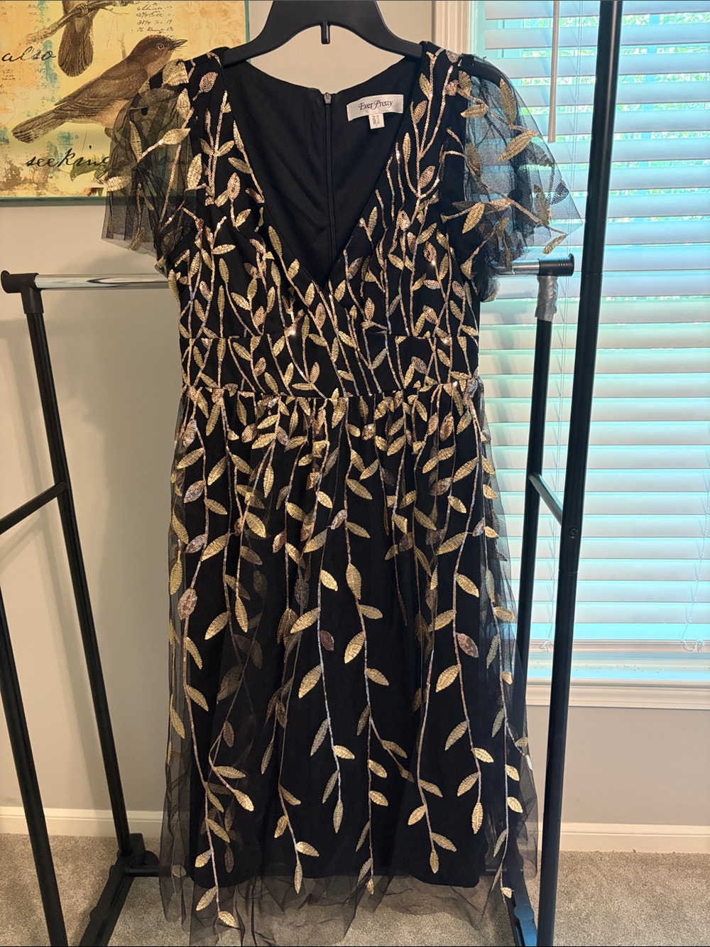Ever Pretty Black Midi Dress with Gold Leaf Embroidery
